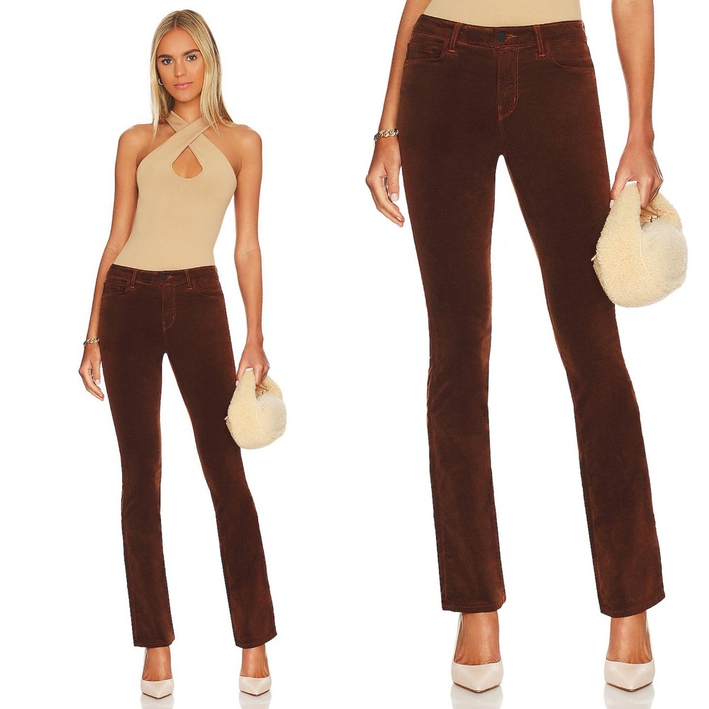 L'AGENCE Stevie Velvet Jeans Straight Leg Nubuck Brown Size 32 High Waisted Chic